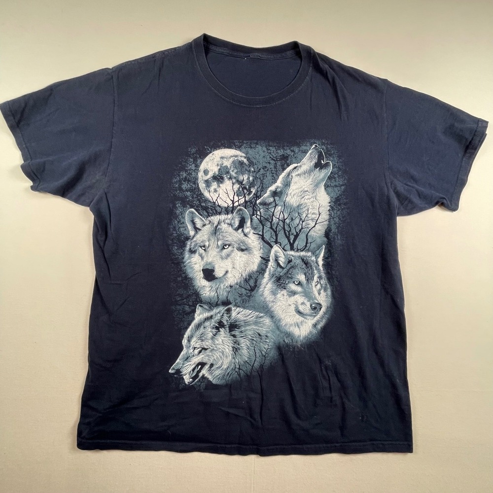Mens Wolf‎ T-Shirt Graphic Moon Animal Print Tee Navy Blue Nature Wolves Large - Picture 2 of 6